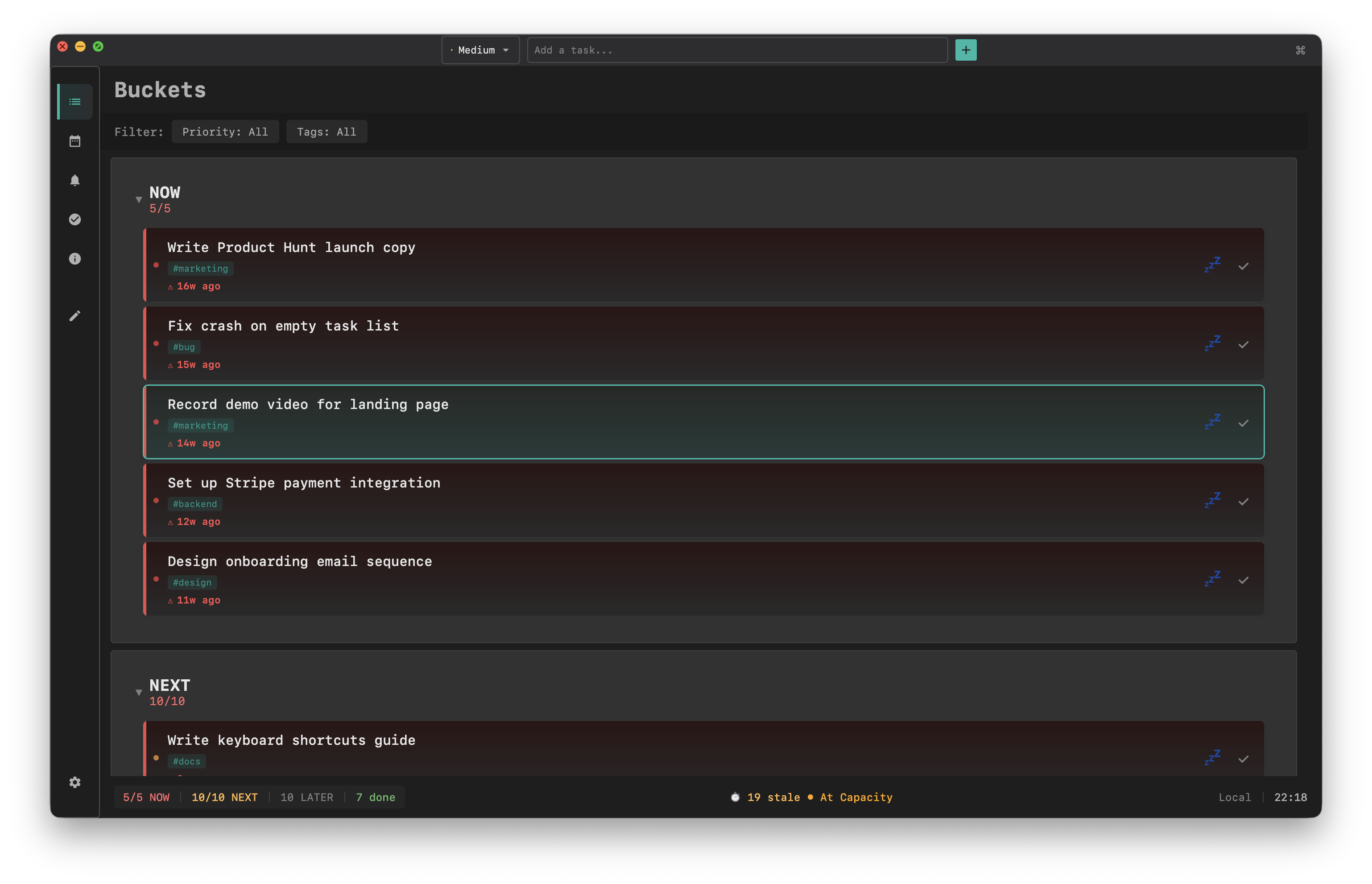 Buckets view - NOW, NEXT, and LATER task buckets
