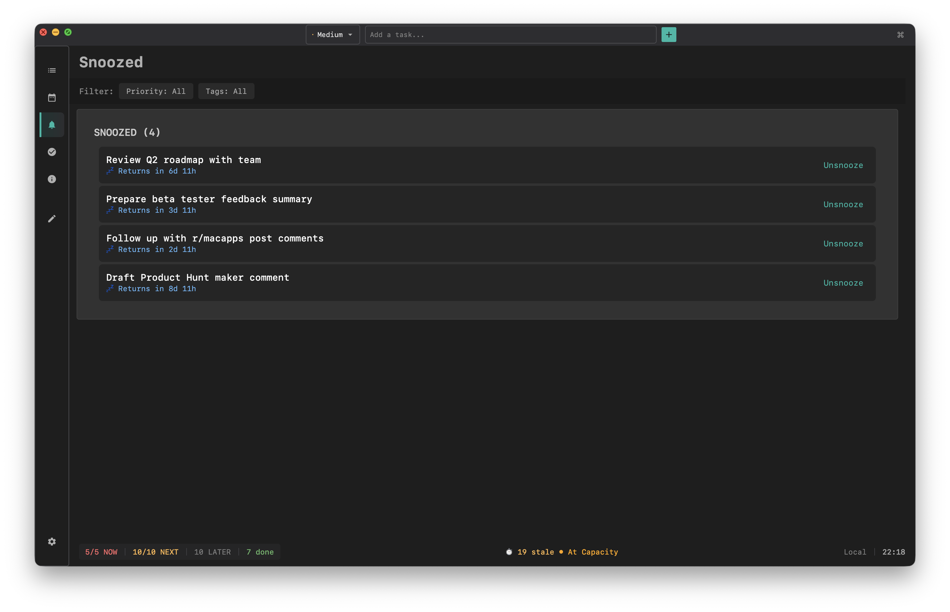 Snoozed tasks - Tasks returning at the right time
